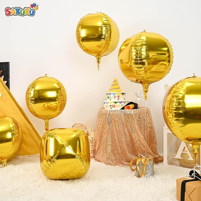 Gold Giant 4D Foil Balloons, Saxuxu 6Pcs Large Metallic Gold Round Balloons - Image 2
