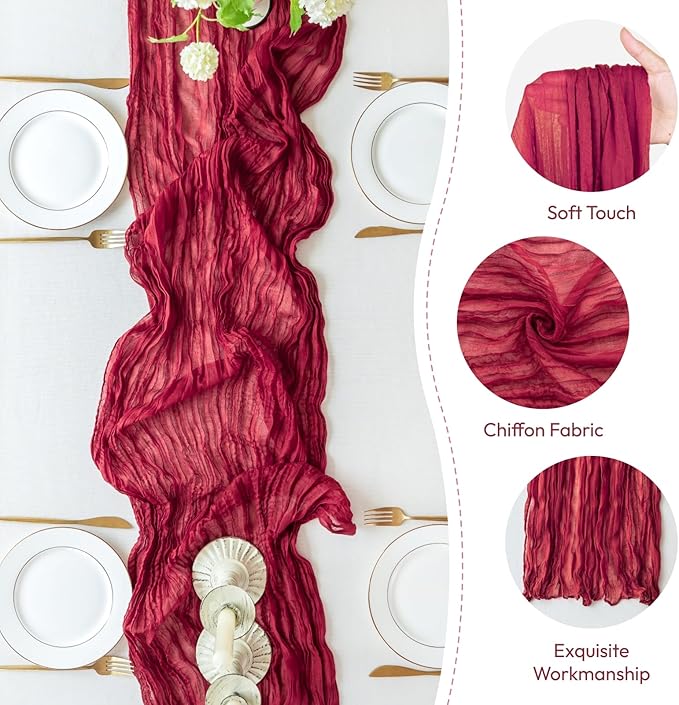 Sioloc Burgundy Red Cheesecloth Table Runner Fall Autumn Decor - Image 2