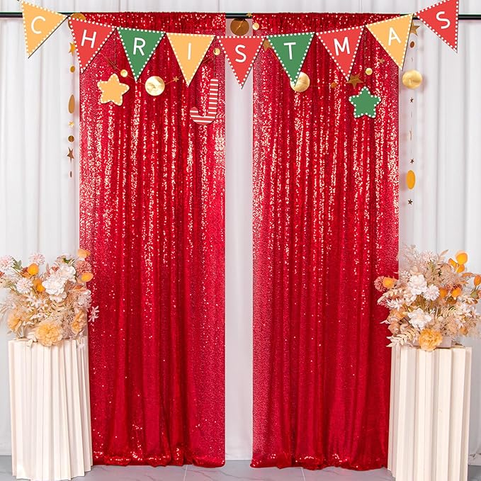 ShinyBeauty Red Sequin Curtains 8 Panels, 2FTx8FT - Image 2