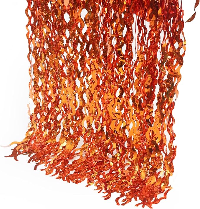 4 Pack Orange Wavy Metallic Tinsel Foil Fringe Curtains | 3.3 ft x 6.6 ft Party - Image 7