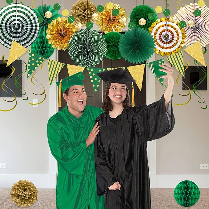 Green Gold Party Decorations Paper Fans, Graduation Season Hanging Glitter - Image 5