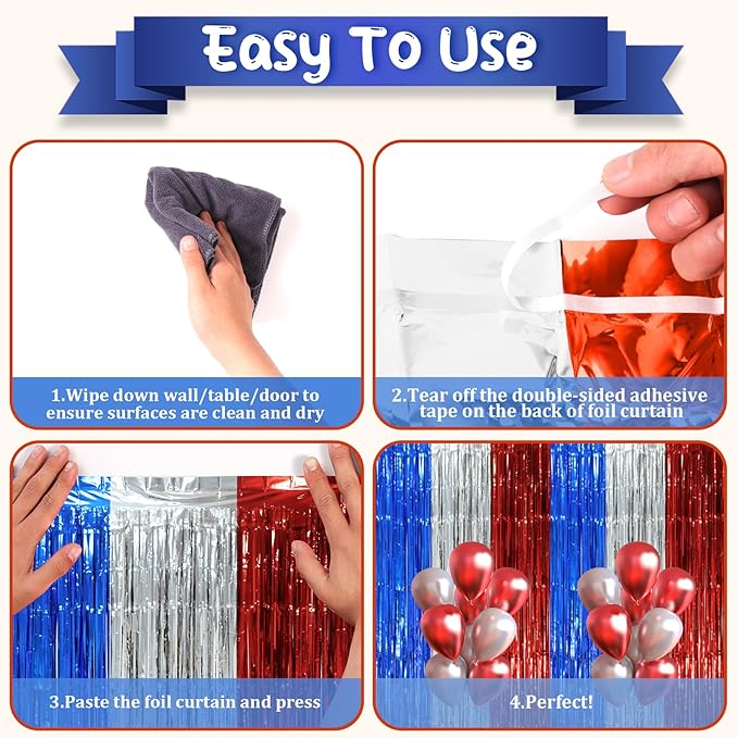 3 Pack 3.3 x 8.2 ft Blue Red Silver Foil Fringe Backdrop Curtains, Tinsel - Image 4
