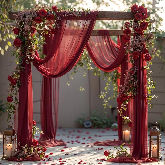 Wedding Arch Draping Fabric, 2 Panels 18FT Burgundy Sheer Backdrop Curtain - Image 7