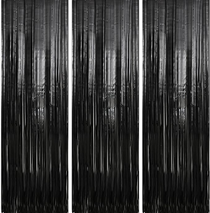 Crosize 3 Pack 3.3 x 9.9 ft Black Foil Fringe Backdrop Streamer Curtains by Crosize