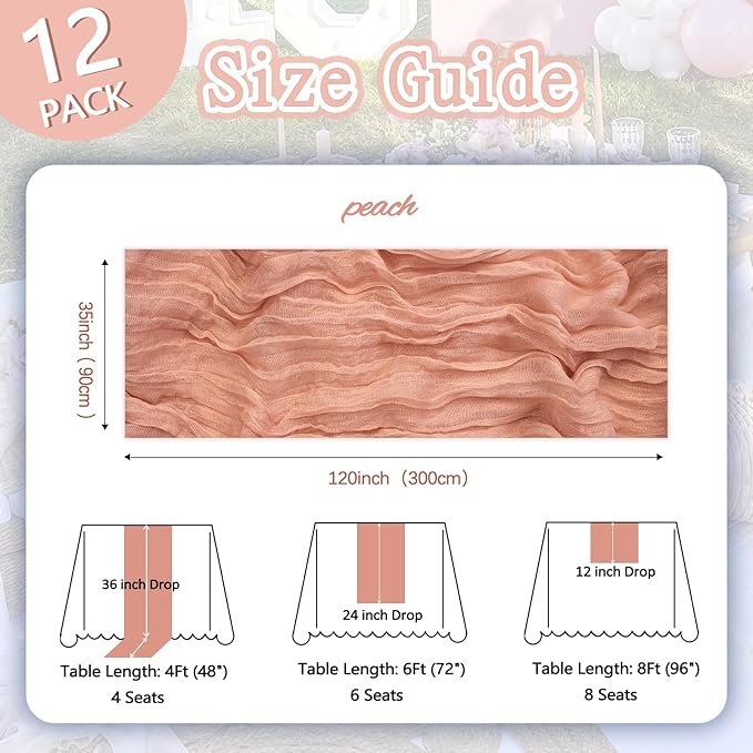 12 Pack Peach Cheesecloth Table Runner 10ft Boho Gauze Fabric Cheese Cloth - Image 2