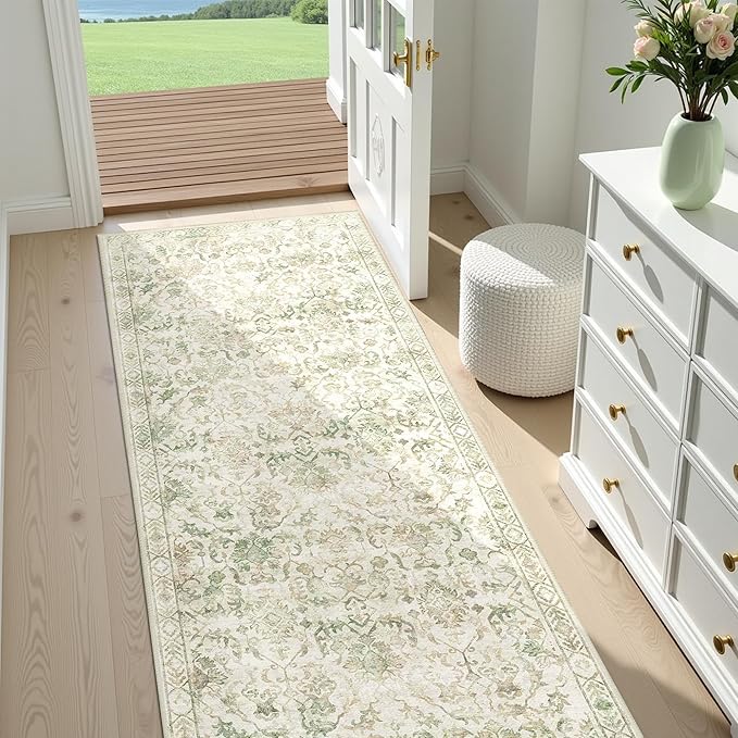 Green 2x6 Runner Rug for Hallways Bed Side Kitchen, Boho Washable Distressed - Image 2