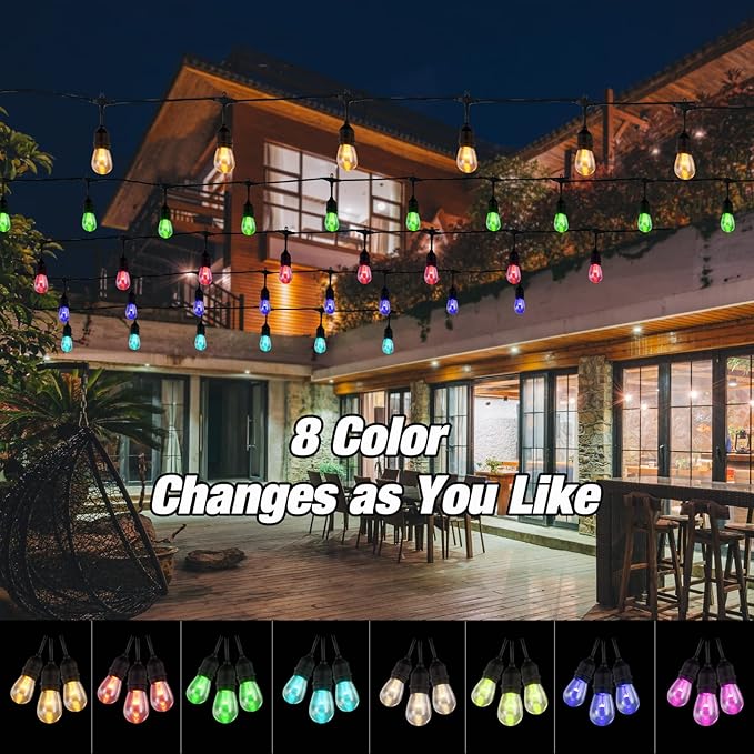 48FT RGB Outdoor String Lights, 15 Shatterproof Edison LED Bulbs, Waterproof - Image 3