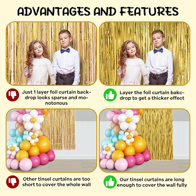 2 Pack Gold Foil Fringe Backdrop Curtains, Tinsel Streamers Birthday Party - Image 5