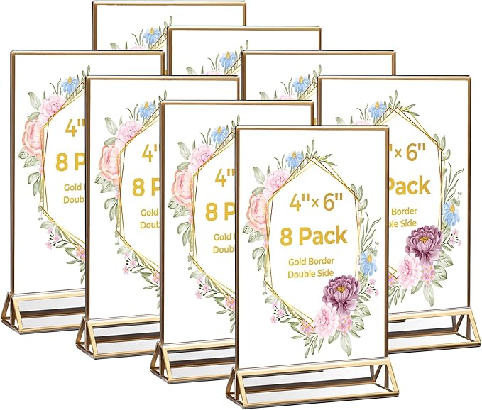 8 Pack Acrylic Sign Holder 4x6 Gold Frames, Wedding Table Number Holders Double by DECOHOBO