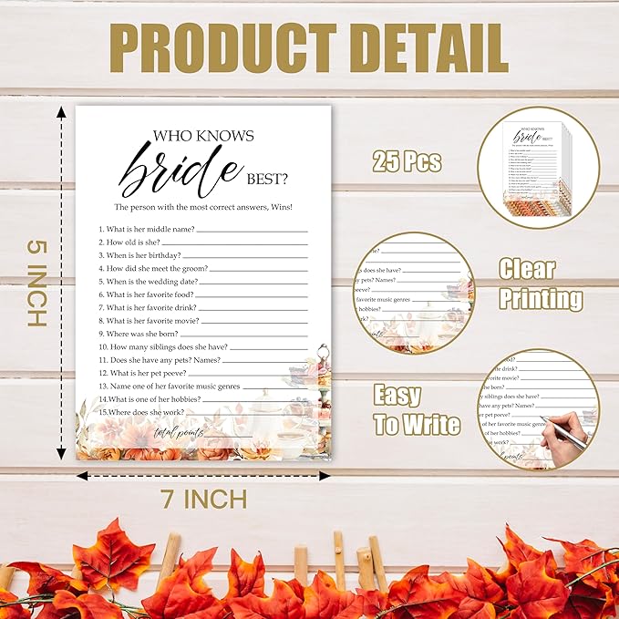 Fall Bridal Shower Games Cards, Who Knows Bride Best Wedding Bachelorette Party - Image 2