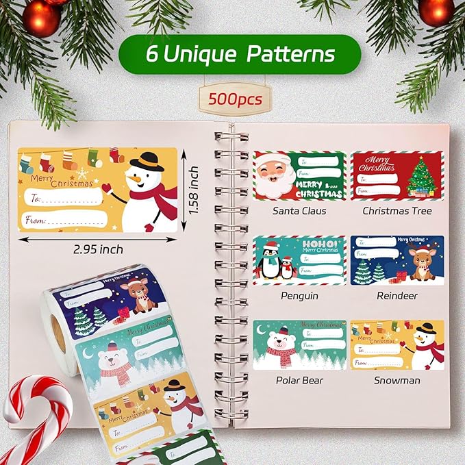 500 PCS Christmas Gift Tags, Self Adhesive Santa Claus Stickers, Festive - Image 2