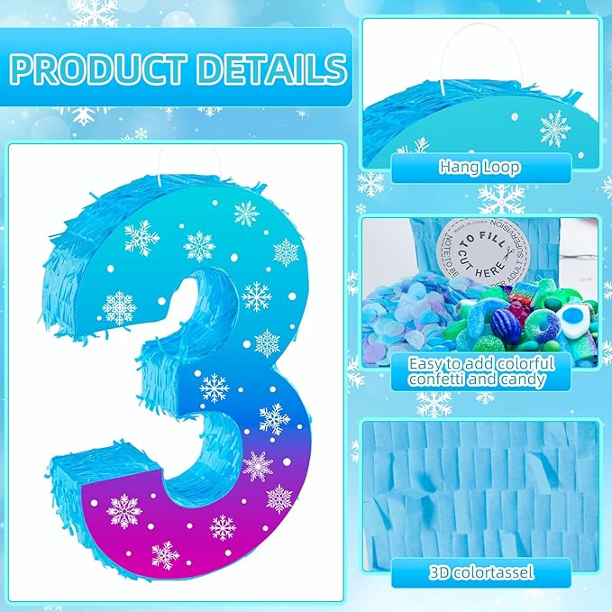 Snowflake Birthday Decorations, Winter Ice Snowflake Number 3 Pinata - Image 3