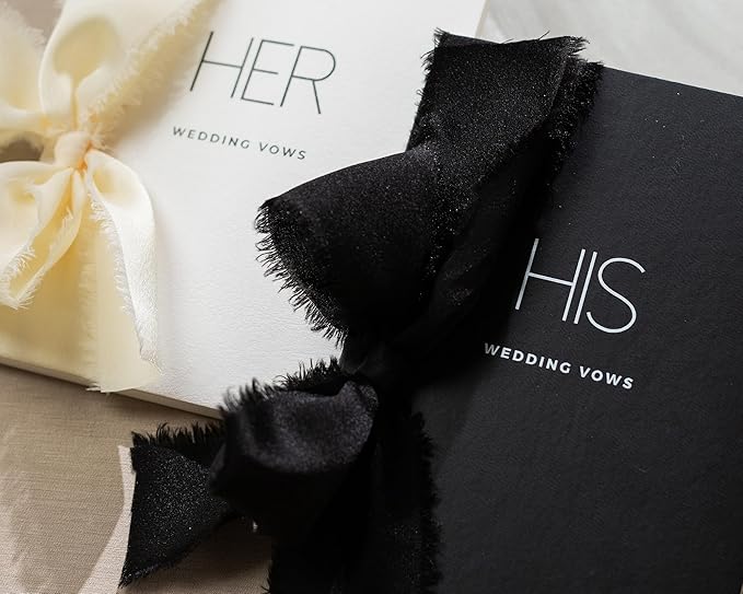 Black White His Her Slim Vow Books w/Ribbon - Image 3