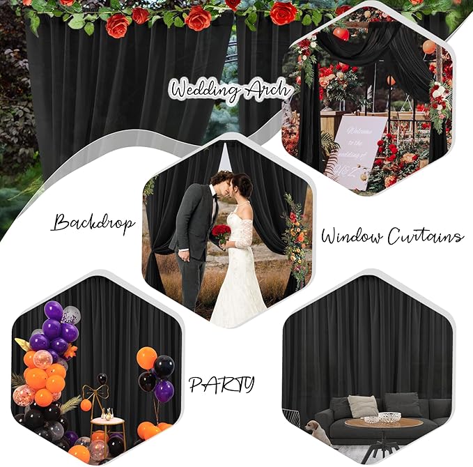 PARTISKY 10ftx10ft Black Chiffon Sheer Backdrop Curtains, Wrinkle-Free Wedding - Image 4