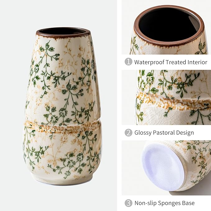 Vintage Green and Beige Vase, Large Round Ceramic Floral Vases, Retro Ice - Image 4