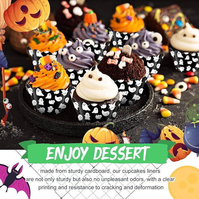 Domensi 100 Pcs Halloween Ghost Cupcake Wrappers Cupcake Liners Ghost Baking - Image 7