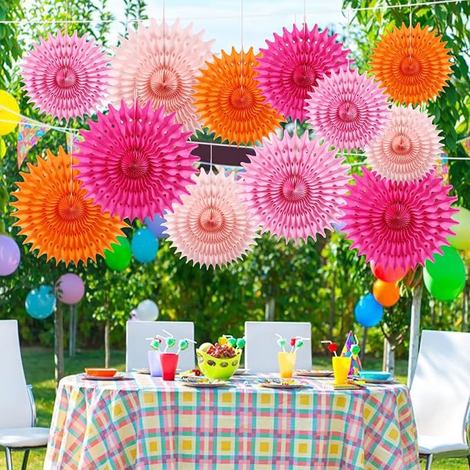 BestoFun 12PCS Paper Fans Orange and Hot Pink Party Decorations Tissue Paper - Image 5