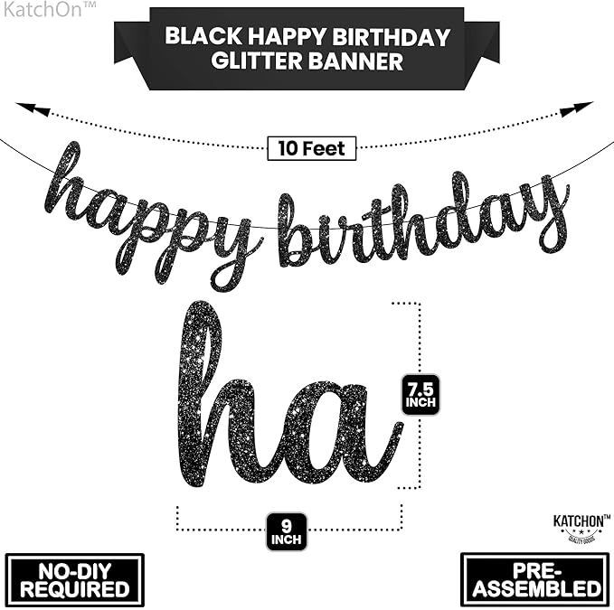 KatchOn, Glitter Cursive Black Happy Birthday Banner - Image 2