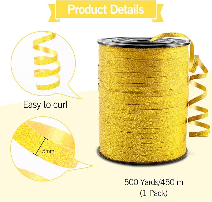 Gold Glitter Curling Ribbon, 500 Yard Curly Ribbon - Image 4