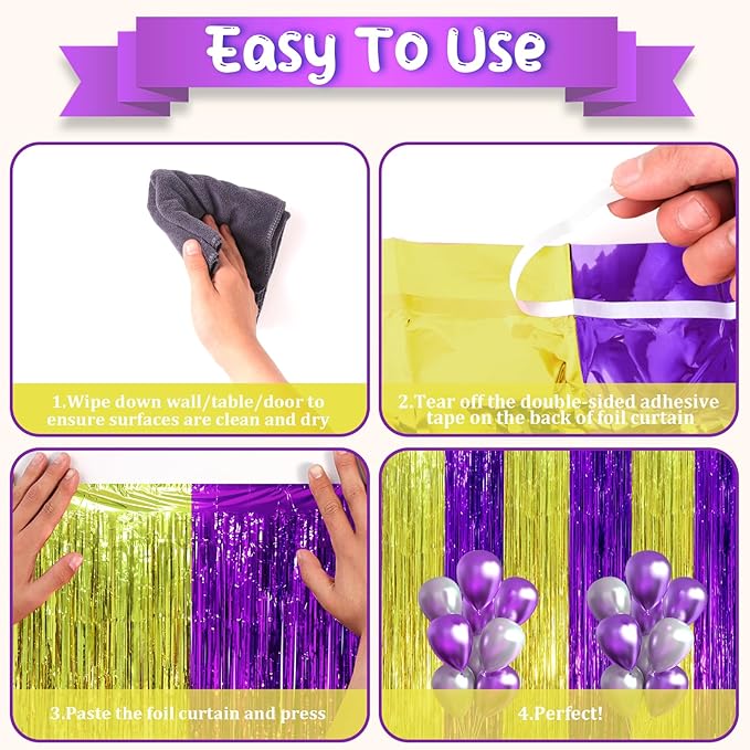 3 Pack 3.3 x 8.2 ft Purple and Gold Foil Fringe Backdrop Curtains, Tinsel - Image 4