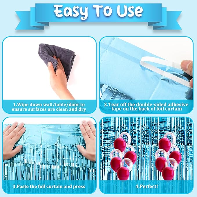 4 Pack 3.3x8.2 Feet Light Blue Foil Fringe Backdrop Curtains, Tinsel Streamers - Image 4