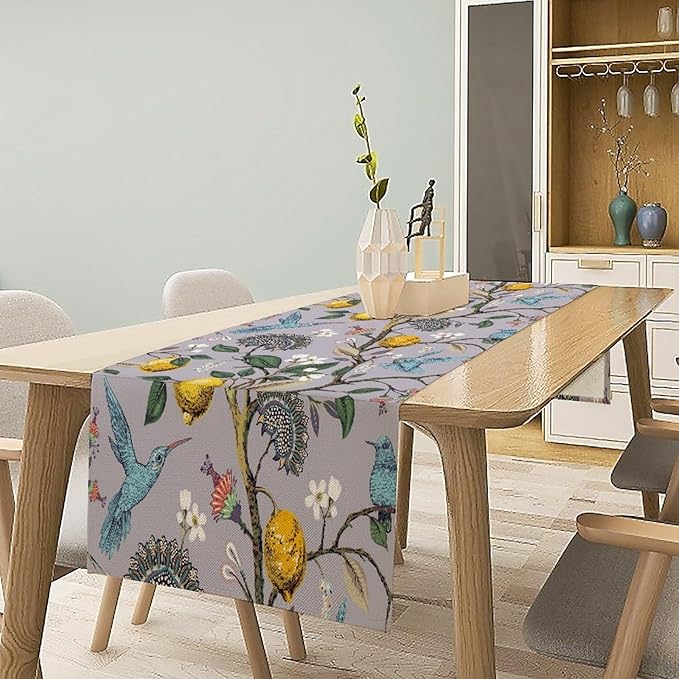 Table Runner with Flowers and Birds, Spring Plant Flowers Table Decoration - Image 3