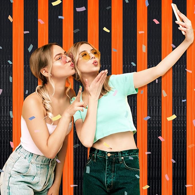 3 Pack Black Orange Foil Fringe Curtain Backdrop, 3.28Ft x 8.2Ft Metallic - Image 7