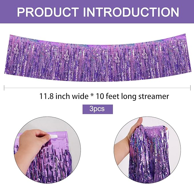 BEISHIDA 3 Packs Metallic Foil Fringe Garland Laser Light Purple Wall Hanging - Image 2