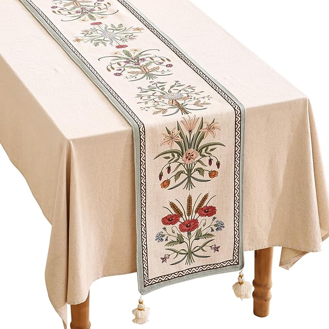 ISAENNE Designer French Country Linen Table Runner 118 Inches Extra Long by Isaennehomedecoration