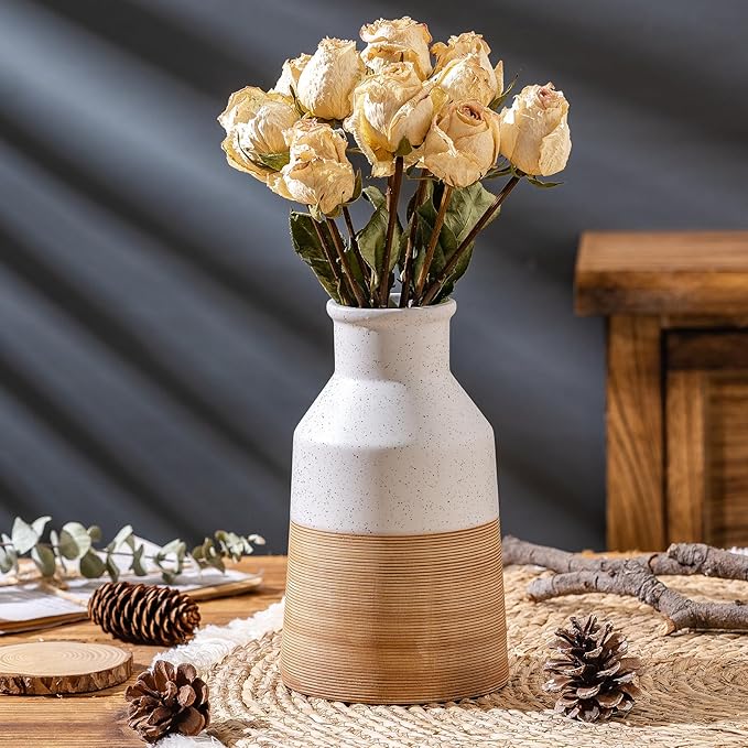 Rustic Farmhouse Flower Ceramic Striped Vase, Cottage Home Core Decor, Tabletop - Image 5
