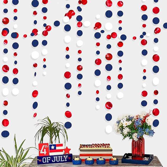 46 Ft Navy Blue Red White Circle Dots Garlands Royal Blue Red Hanging Paper by pinkblume