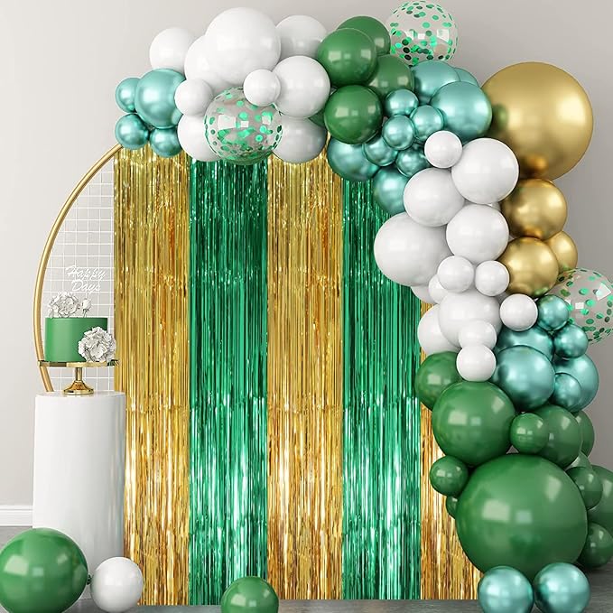 3 Pack 3.3 x 8.2 ft Green and Gold Foil Fringe Backdrop Curtains, Tinsel - Image 5