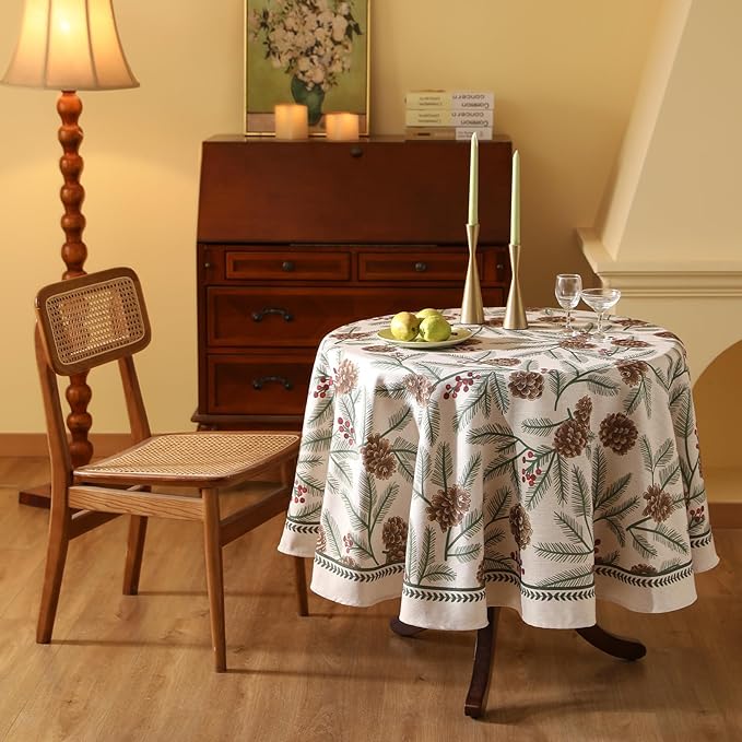 ISAENNE Designer Christmas Beige Linen Round Tablecloth, Pinecones Pattern - Image 9
