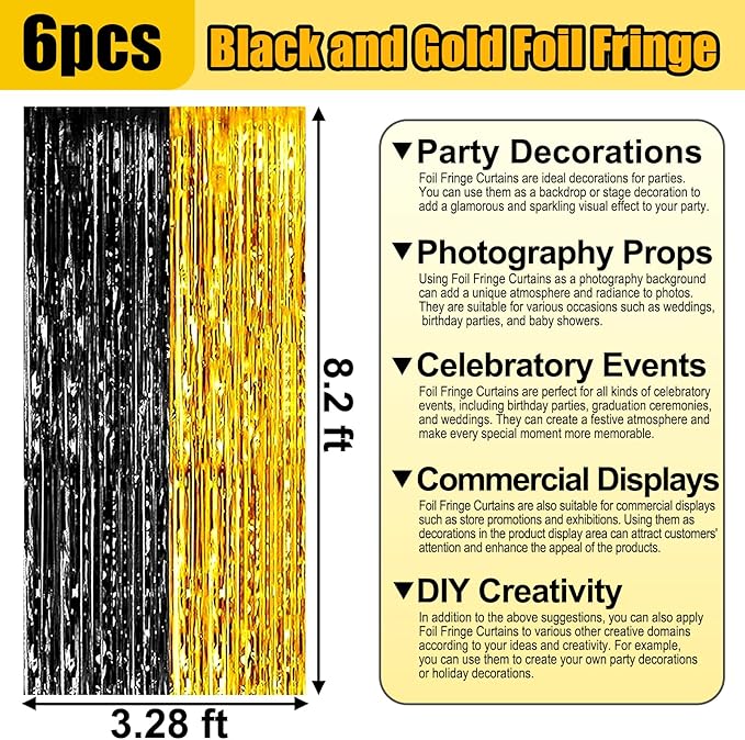 6 Pack Black Gold Foil Fringe Curtain Backdrop, 3.28Ft x 8.2Ft Metallic Tinsel - Image 2