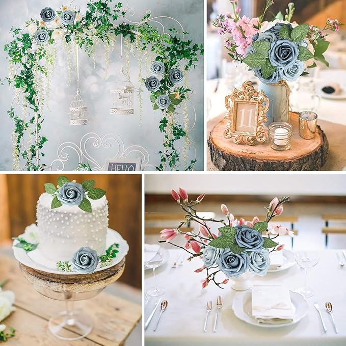 AmyHomie Artificial Flower Dusty Blue Shades Rose 25pcs Real Looking Fake Roses - Image 5