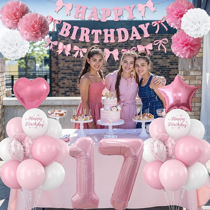 17th Birthday Decorations for Girls Pink Number 17 Balloon Bow Coquette Happy - Image 5