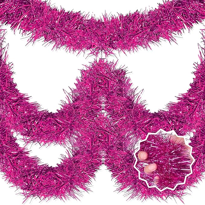 25 Feet Fuchsia Christmas Tinsel Garland, Metallic Foil Twist Banner Wall by LANTIANCHEN