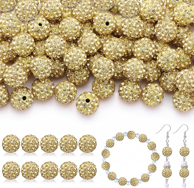 160pcs 10mm Rhinestone Beads for Jewelry Making, Light Yellow Shiny Round Disco by TINKRSTUFF