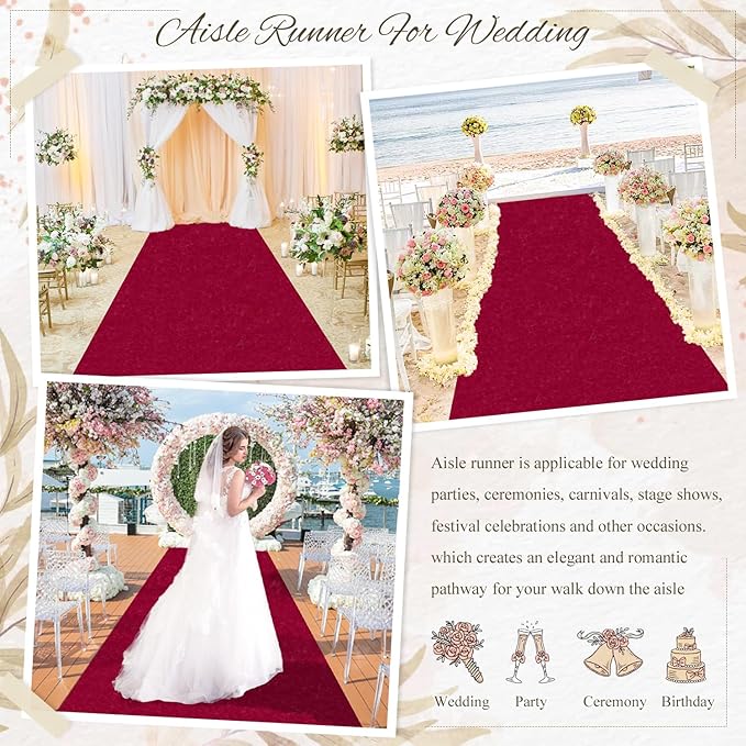 MODFUNS Aisle Runners for Weddings Burugndy Aisle Runner Rug 4FTx20FT Wedding - Image 6