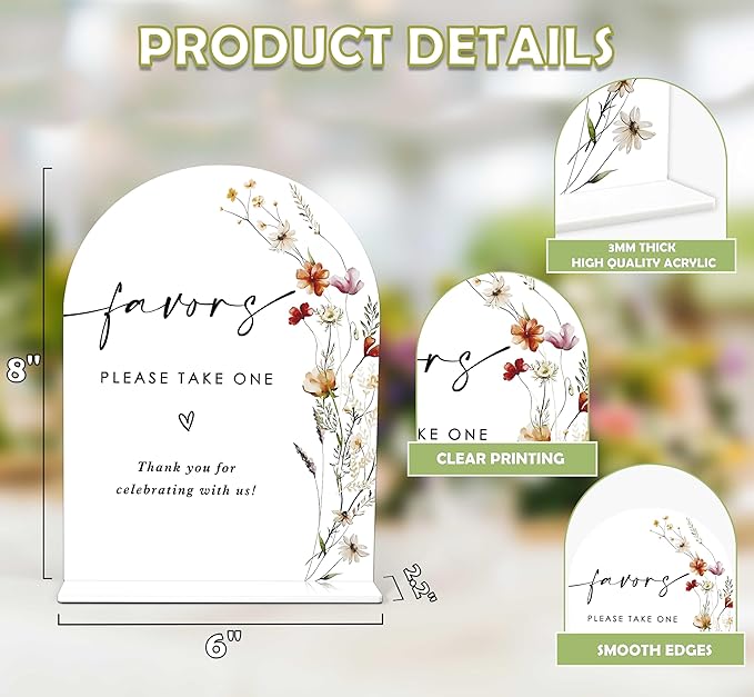 Boho Floral Favors Sign, 6 x 8 Inch White Arch Acrylic Wedding Sign - Image 2