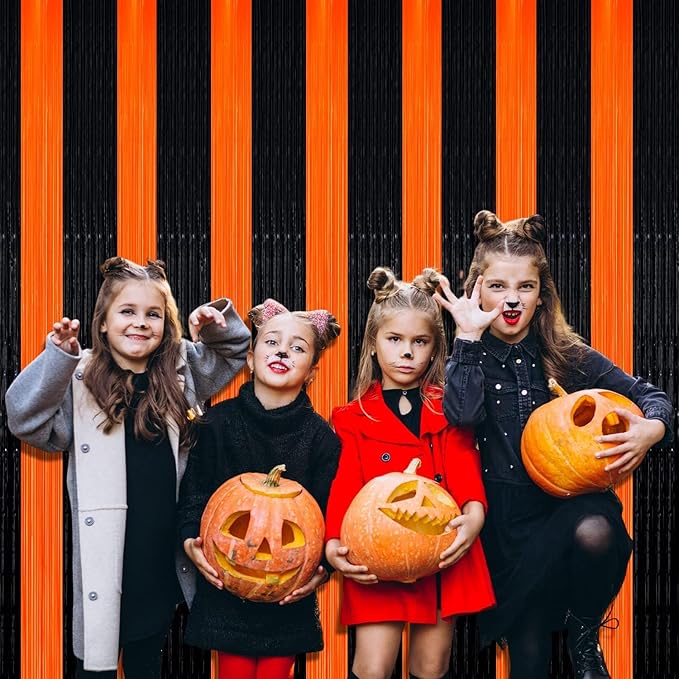 4 Pack Black Orange Foil Fringe Curtain Backdrop, 3.28Ft x 9.8Ft Metallic - Image 5