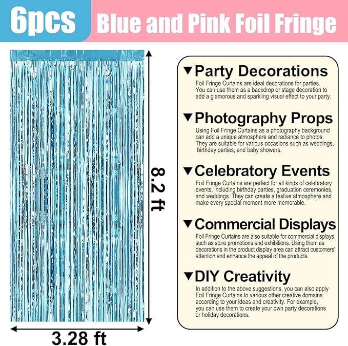 6 Pack Pink Blue Foil Fringe Curtain Backdrop, 3.28Ft x 8.2Ft Metallic Tinsel - Image 2
