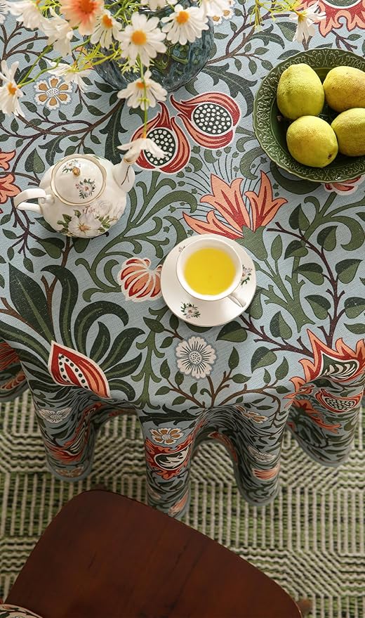 ISAENNE Designer Bohemian Linen Green Round Tablecloth, Floral Indoor Table - Image 4