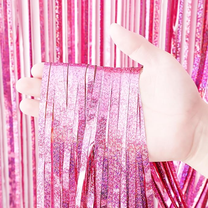 4 Pack 3.3x8.2 Feet Laser Pink Foil Fringe Backdrop Curtains, Tinsel Streamers - Image 2