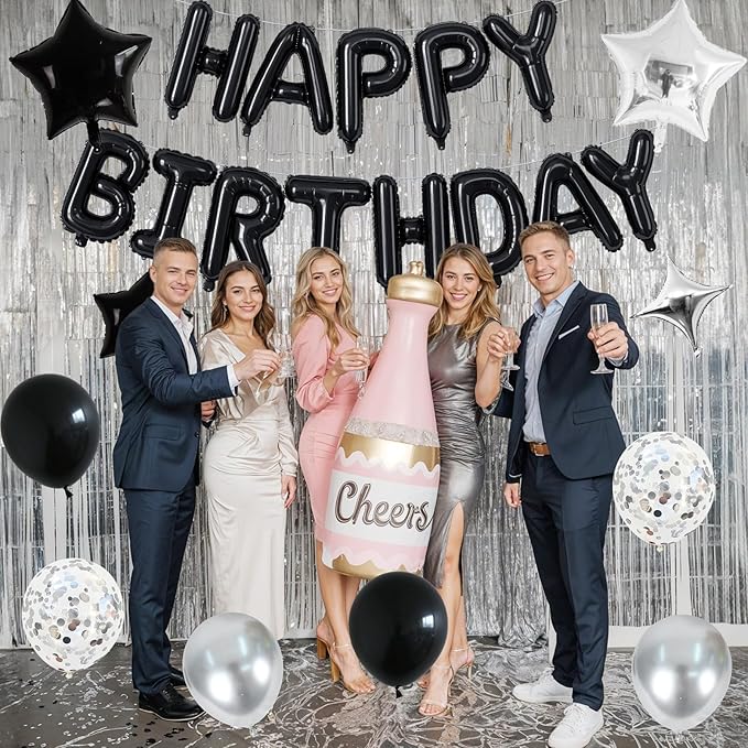 Happy Birthday Balloon Banner Black Silver, 16 Inch Mylar Foil Letter Balloons - Image 6