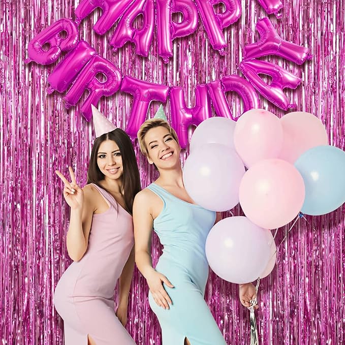 2 Pack Pink Fringe Curtains Foil Shiny Fringe Backdrop Tinsel Door Streamers - Image 3