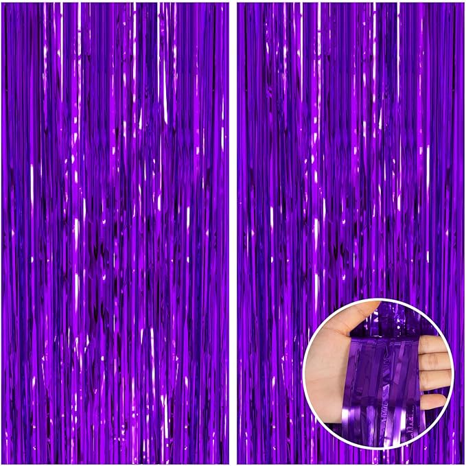 CANREVEL 2 Pack 3.3x8.2 Feet Purple Foil Fringe Backdrop Curtains, Tinsel by CANREVEL