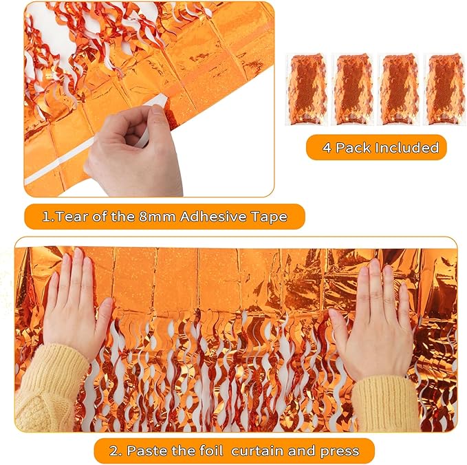 4 Pack Orange Wavy Metallic Tinsel Foil Fringe Curtains | 3.3 ft x 6.6 ft Party - Image 4