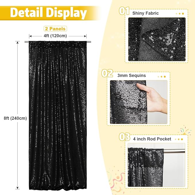 Poise3EHome 2 Panels 4x8ft Black Sequin Backdrop, Upgrade Shimmer Backdrop - Image 4