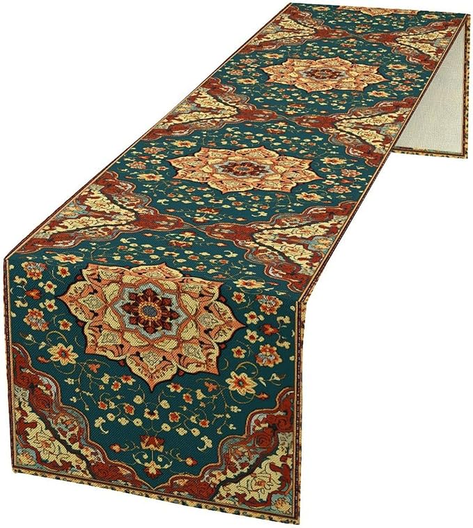Boho Rich Table Runner, Vintage Blue Teal Gold Retro Flower Rustic Country by Unknown